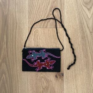SALE! Hand beaded black, pink, red, & green lizard, alligator evening bag